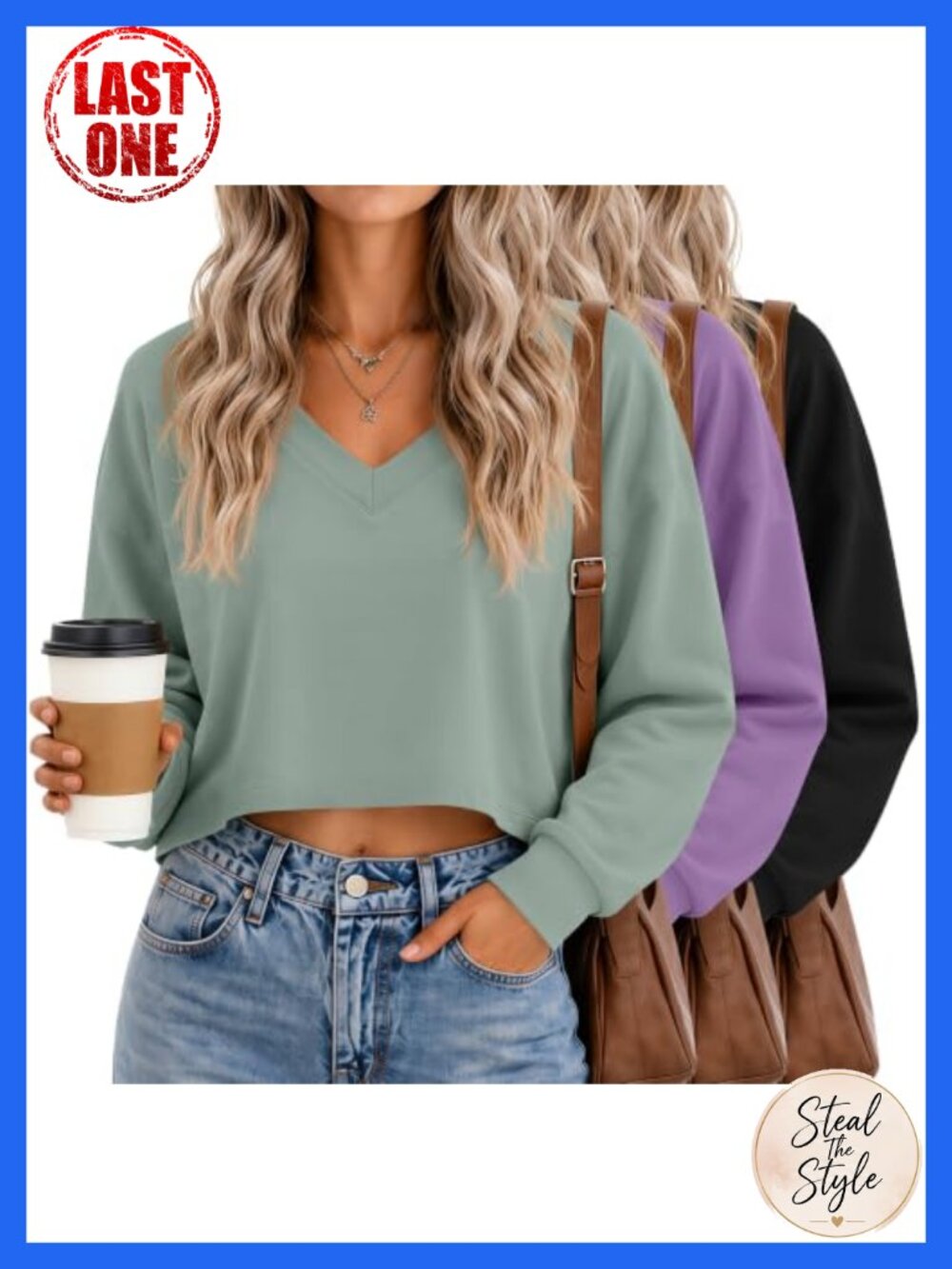 Women's V Neck Crop Tops Long Sleeve Cropped T-Shirts Loose Fit 3 Pack
